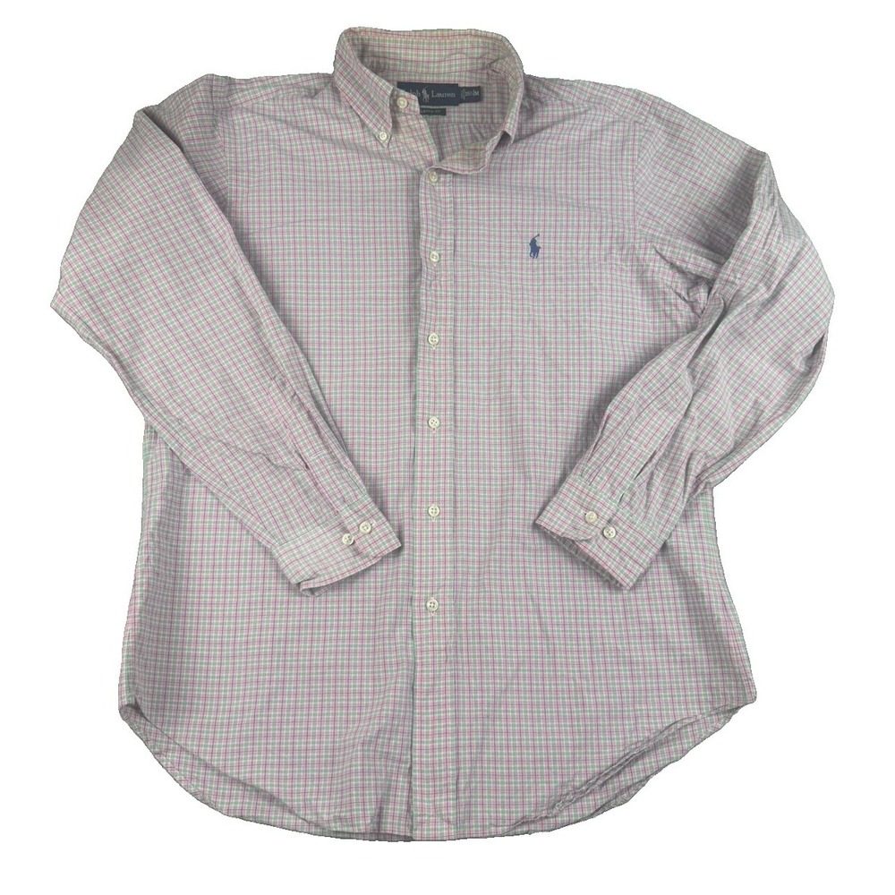Ralph Lauren Mens 15.5 M Classic Fit Plaid Shirt Pink Green Pony Button Down